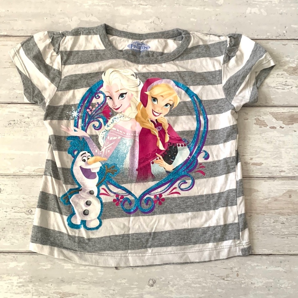 Disney 4T Girls Frozen Anna Elsa Short Sleeve Shirt Gray Stripes Kids Clothes 4